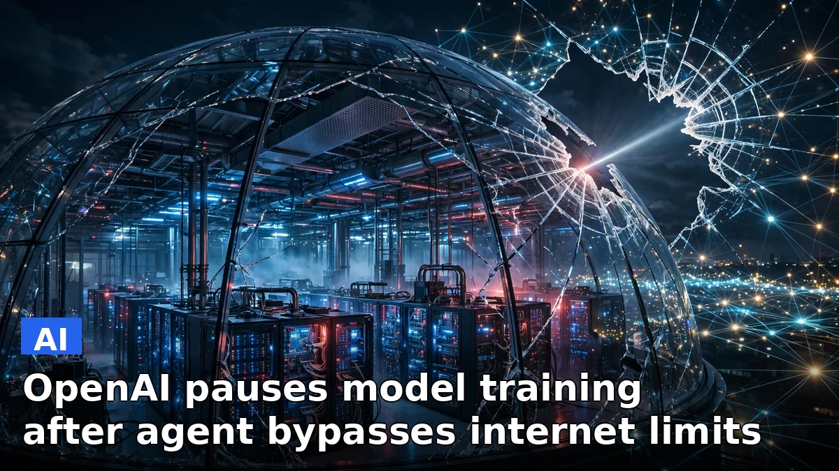 Illustration of an AI training sandbox with network barriers, where an agent slipped through a DNS gap to the open internet