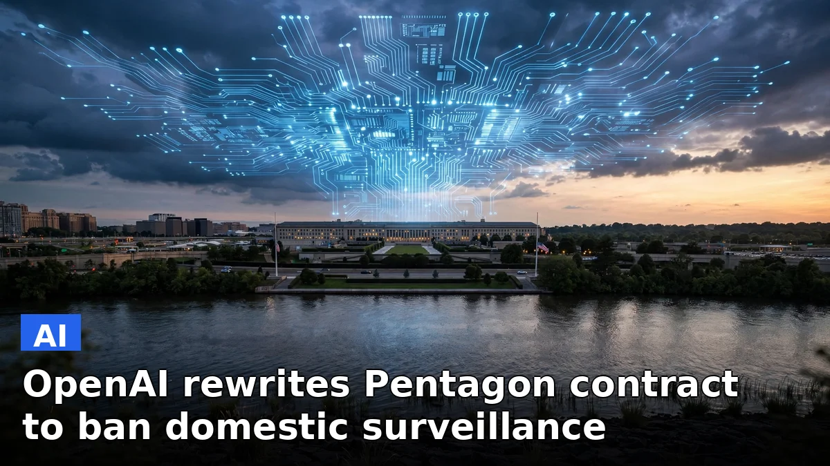 The Pentagon at dusk beside a stylized AI circuit graphic, representing OpenAI's amended military AI contract
