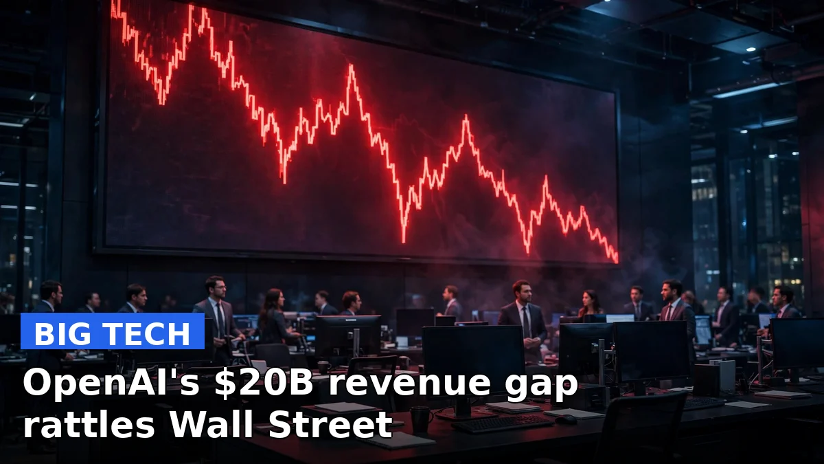 A Wall Street trading screen glowing red as tech stocks fall after the OpenAI revenue report
