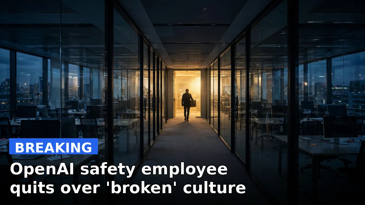 A glass office hallway in dim light with a silhouetted figure walking away from a glowing doorway, symbolizing a safety leader's departure from OpenAI
