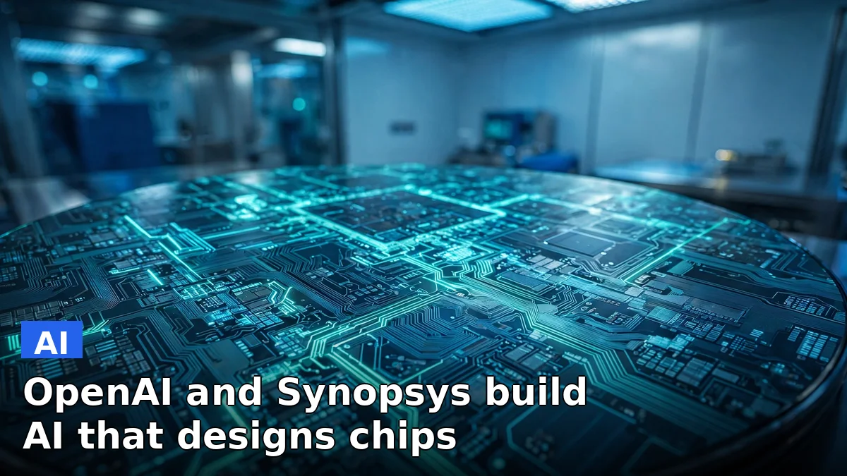 A silicon chip wafer glowing inside a semiconductor design lab, representing OpenAI and Synopsys building AI for chip design