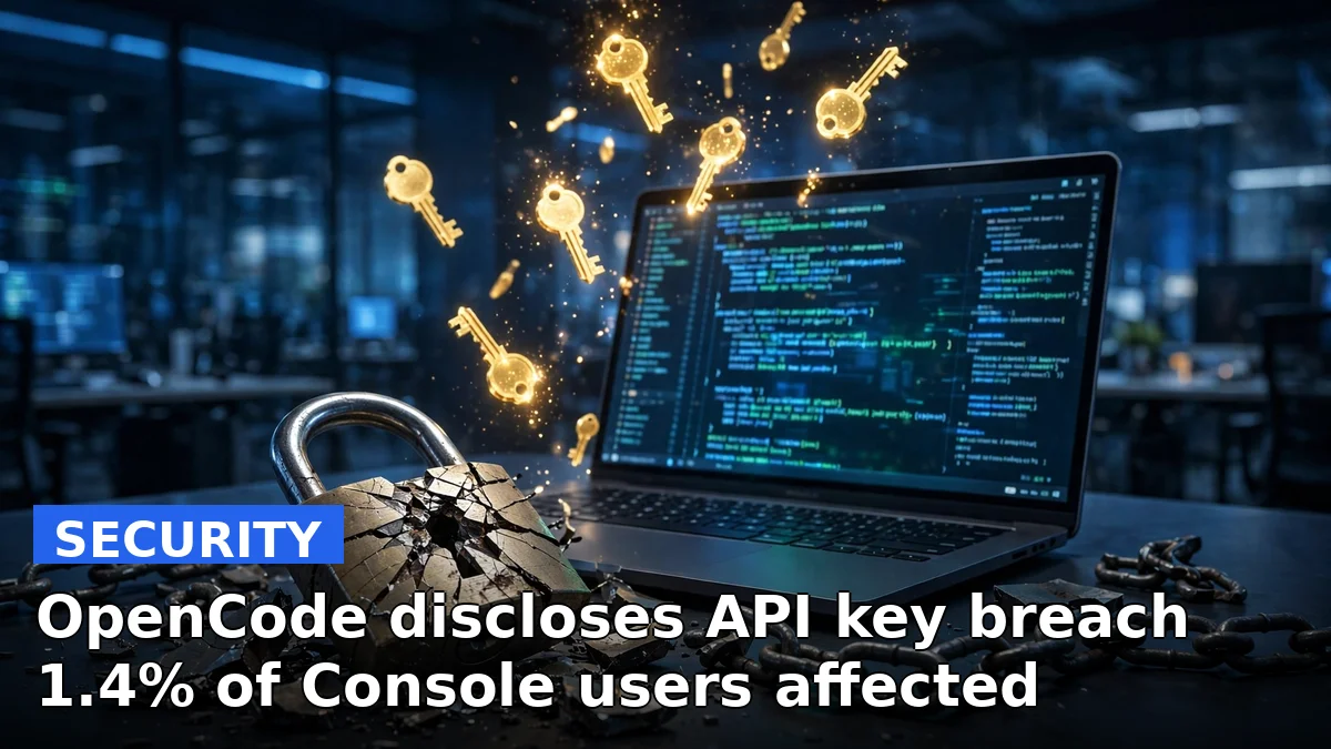 Illustration of a laptop terminal and glowing API keys behind a broken padlock, representing OpenCode's disclosure that users' provider API keys may have been exposed