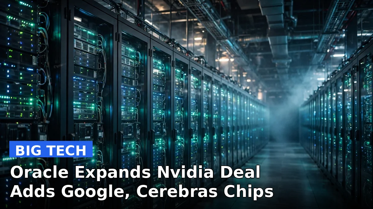 Illustration of rows of AI servers in a data center, representing Oracle's expanded Nvidia Vera Rubin capacity and its new rival chip offerings