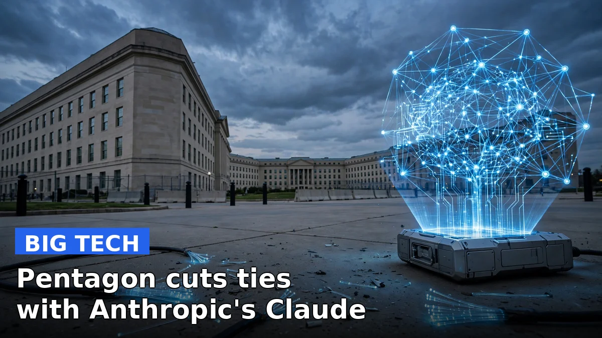 The Pentagon building seen from above beside a stylized blue AI neural network, representing the military's break with Anthropic