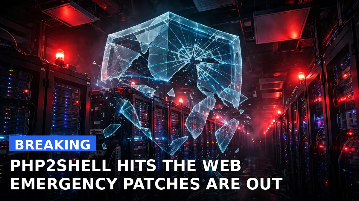 Illustration of a web server rack under a red security alert, symbolizing the PHP2Shell emergency patch