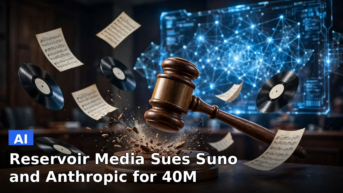 Illustration of a courtroom gavel beside vinyl records and a glowing AI interface, representing Reservoir Media's copyright lawsuits against Suno and Anthropic