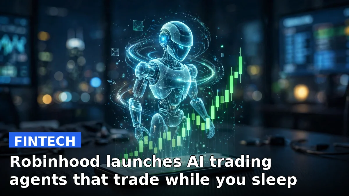 A smartphone showing the Robinhood app with an AI trading assistant interface and stock charts
