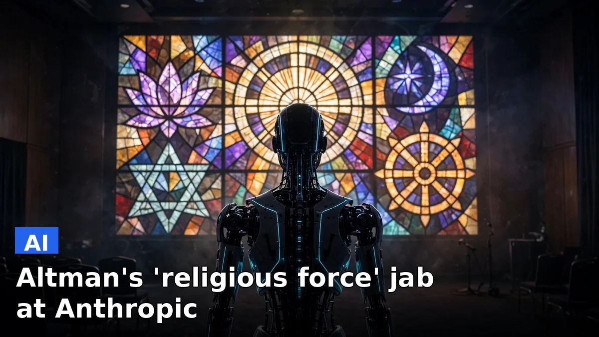 A glowing humanoid robot silhouette facing abstract religious symbols, illustrating the debate over AI consciousness and morality