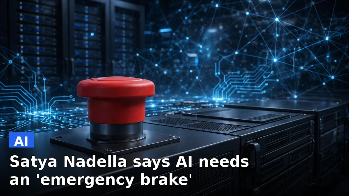 Illustration of a large red emergency stop button beside AI circuit imagery