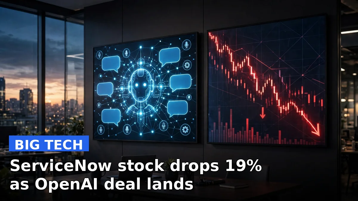 A stock market chart trending downward beside a glowing AI chatbot interface, representing ServiceNow's share drop and its OpenAI partnership