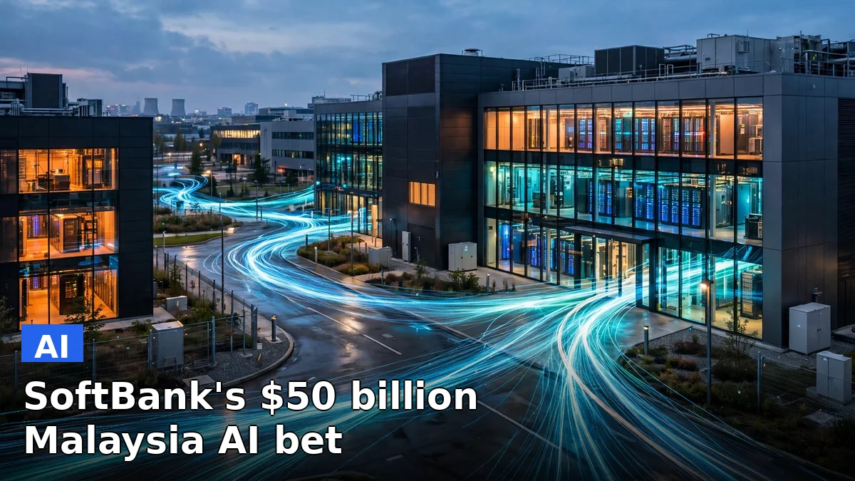 Aerial view of modern data center buildings at dusk with server halls glowing, illustrating a planned AI infrastructure investment in Malaysia