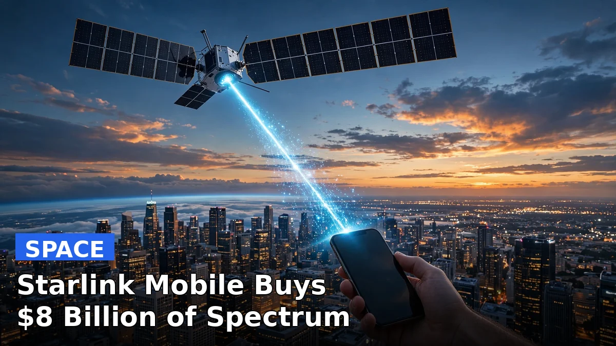 A Starlink satellite beaming a signal to a smartphone city skyline at dusk
