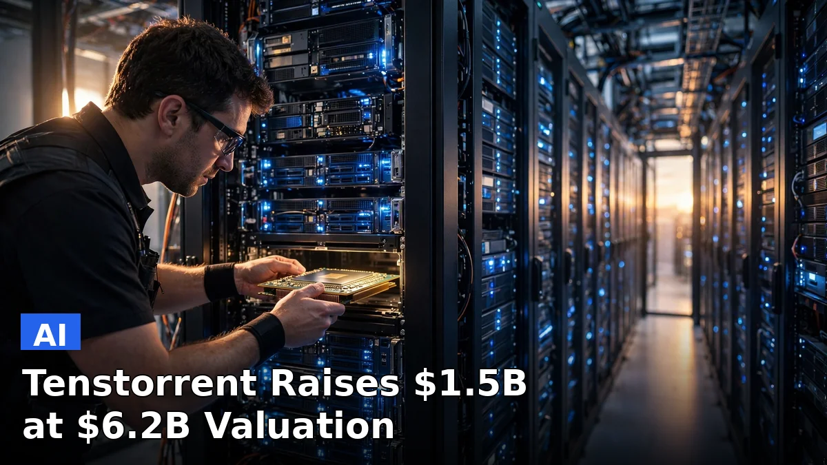 A technician installing AI processor chips into a server rack, representing Tenstorrent's funding to challenge Nvidia