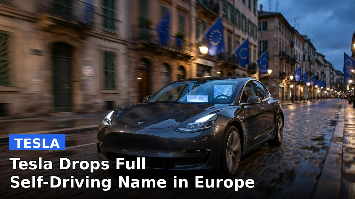Tesla on a European street at dusk with its dashboard glowing, as Europe renames Full Self-Driving to Tesla Assisted Driving