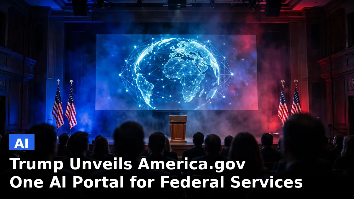 Illustration of President Trump onstage at the unveiling of the America.gov AI portal in Washington