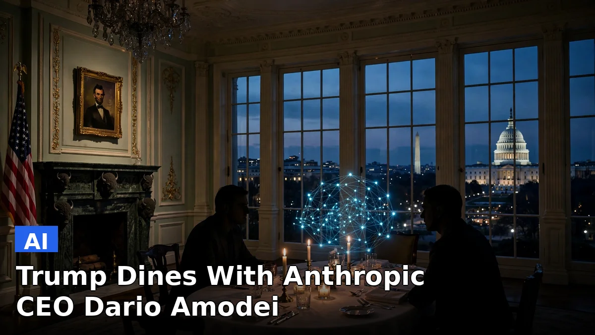 Illustration of the White House at night with a dining table set before it, with imagery of AI and an American flag