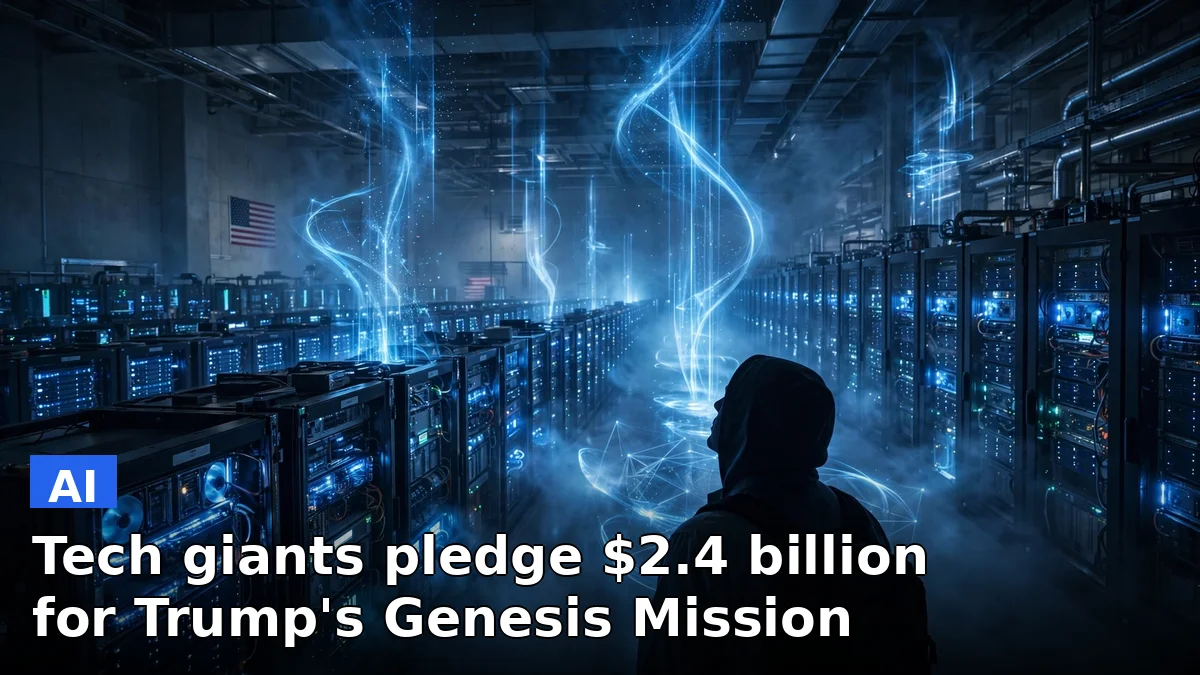 Illustration of a federal research lab with supercomputers and data streams, representing the $2.4 billion in tech pledges for the Genesis Mission