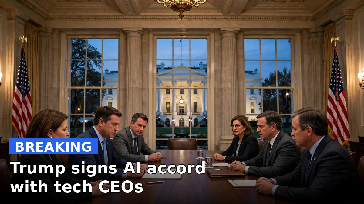 Illustration of the White House where tech CEOs signed an AI safety accord with President Trump