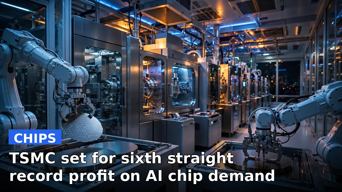 TSMC semiconductor fabrication plant at night with silicon wafers, illustrating the chipmaker's expected sixth straight record quarterly profit on AI demand