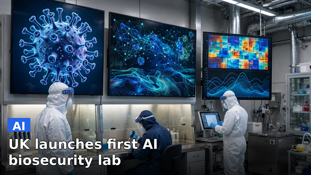 Illustration of a scientist and an AI system monitoring virus structures in a laboratory