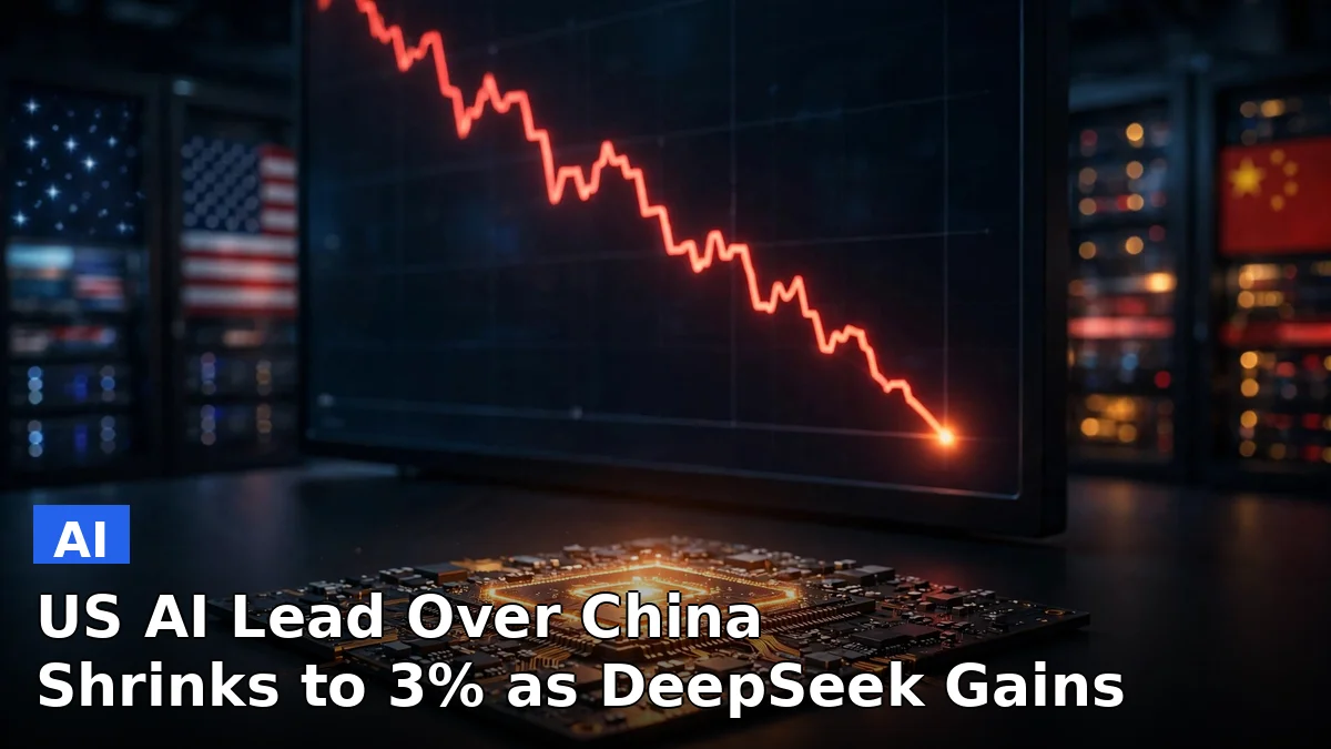 A red line chart on a dark display showing the US-China AI benchmark gap narrowing to 3 percent, with a silicon chip glowing in the foreground
