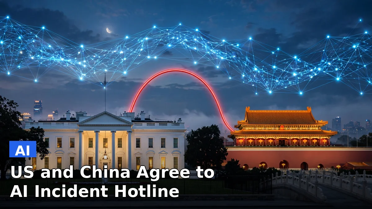 Illustration of the White House connected by a red phone hotline to Beijing, with an AI neural network glowing above both