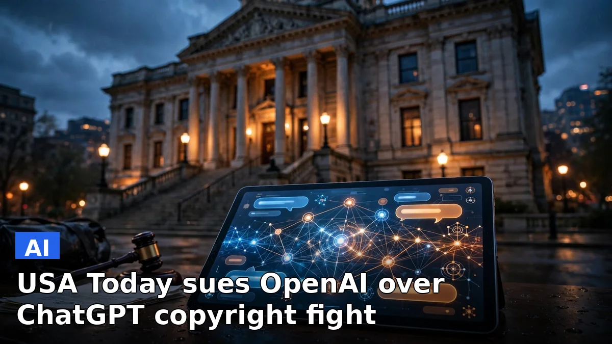 Illustration of a courthouse next to a glowing AI chatbot screen, representing USA Today's $250 million copyright lawsuit against OpenAI
