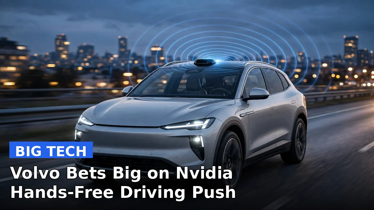 A silver SUV driving hands-free on a highway at dusk, representing Volvo's expanded automated driving partnership with Nvidia