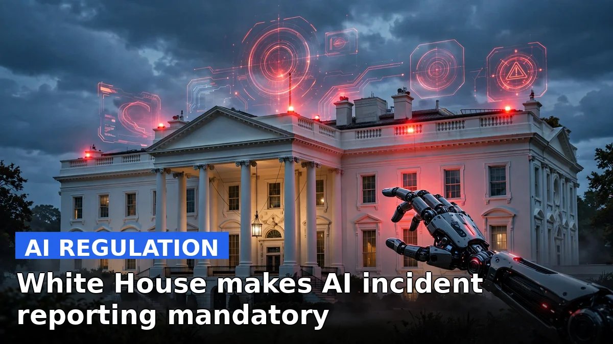 Illustration of the White House with digital alert symbols over it, representing the new mandatory AI incident reporting rule